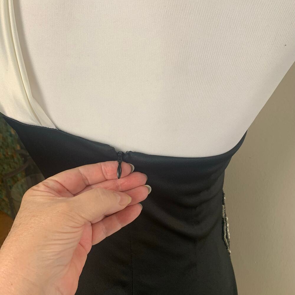 Jessica Howard One Shoulder Dress Sz 6 Black White Satin Beaded Cocktail Formal - Picture 6 of 10